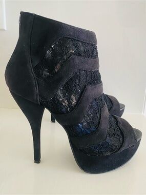 Black Lace Suede Peep-Toe Stiletto Booties - Women's Heels